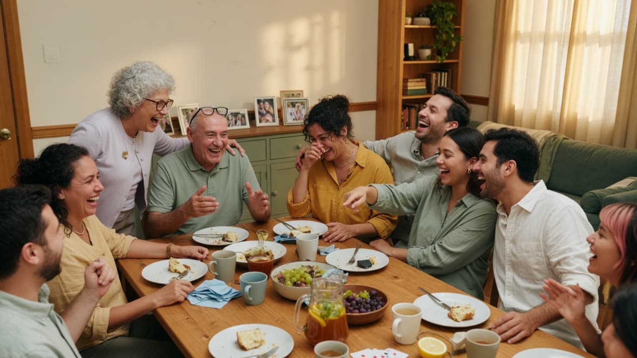 Multi-generational family gathering with warmth and laughter