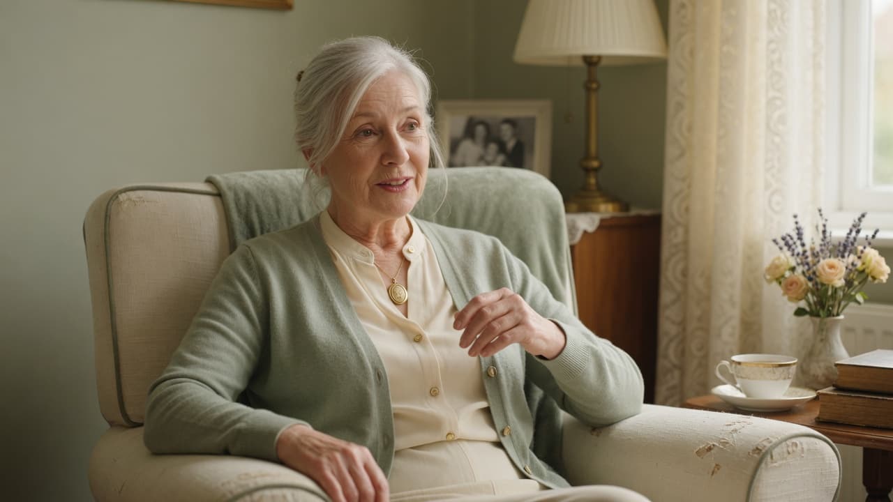 Warm portrait-style photo of an older adult in a quiet personal conversation