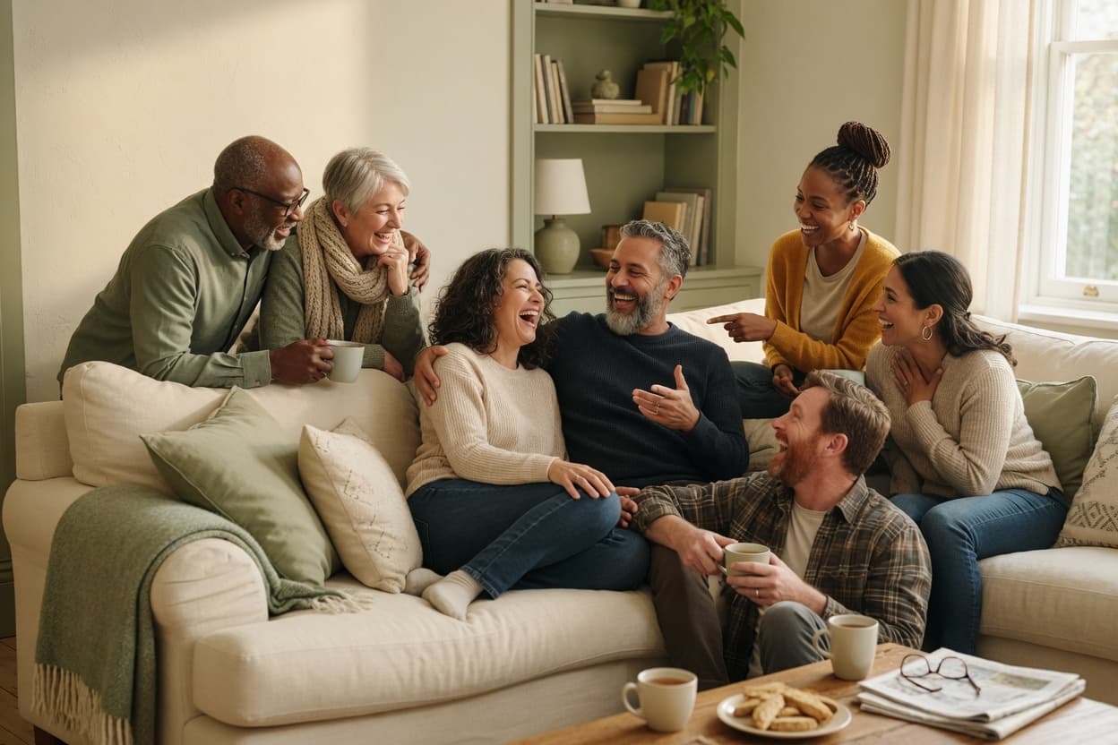 Family and friends sharing stories together on a sofa