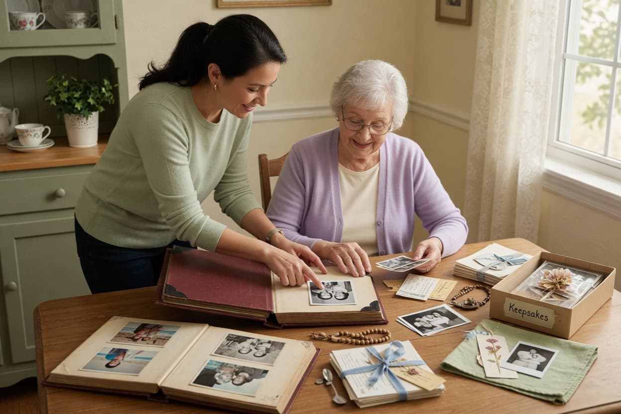 A helper organizing photos and keepsakes with an older relative